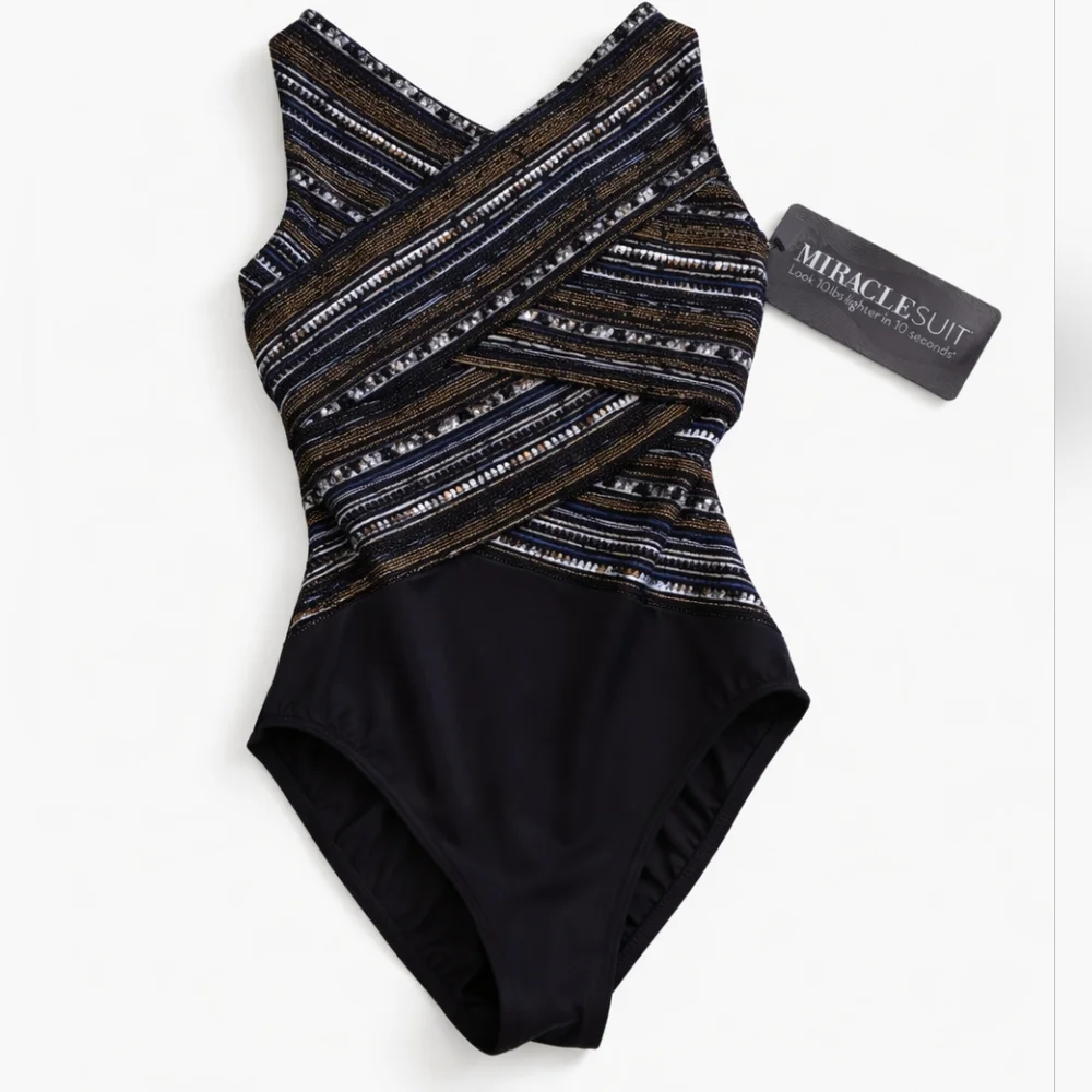 Miraclesuit Slimming One Piece Size 8 Black Multi Criss Cross Tummy Control Flat - Picture 2 of 8